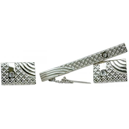 Fratello Silver Plated Rectangular Cuff links And Tie Clip Set With Engraved Diamond Design And Rhinestone CL014